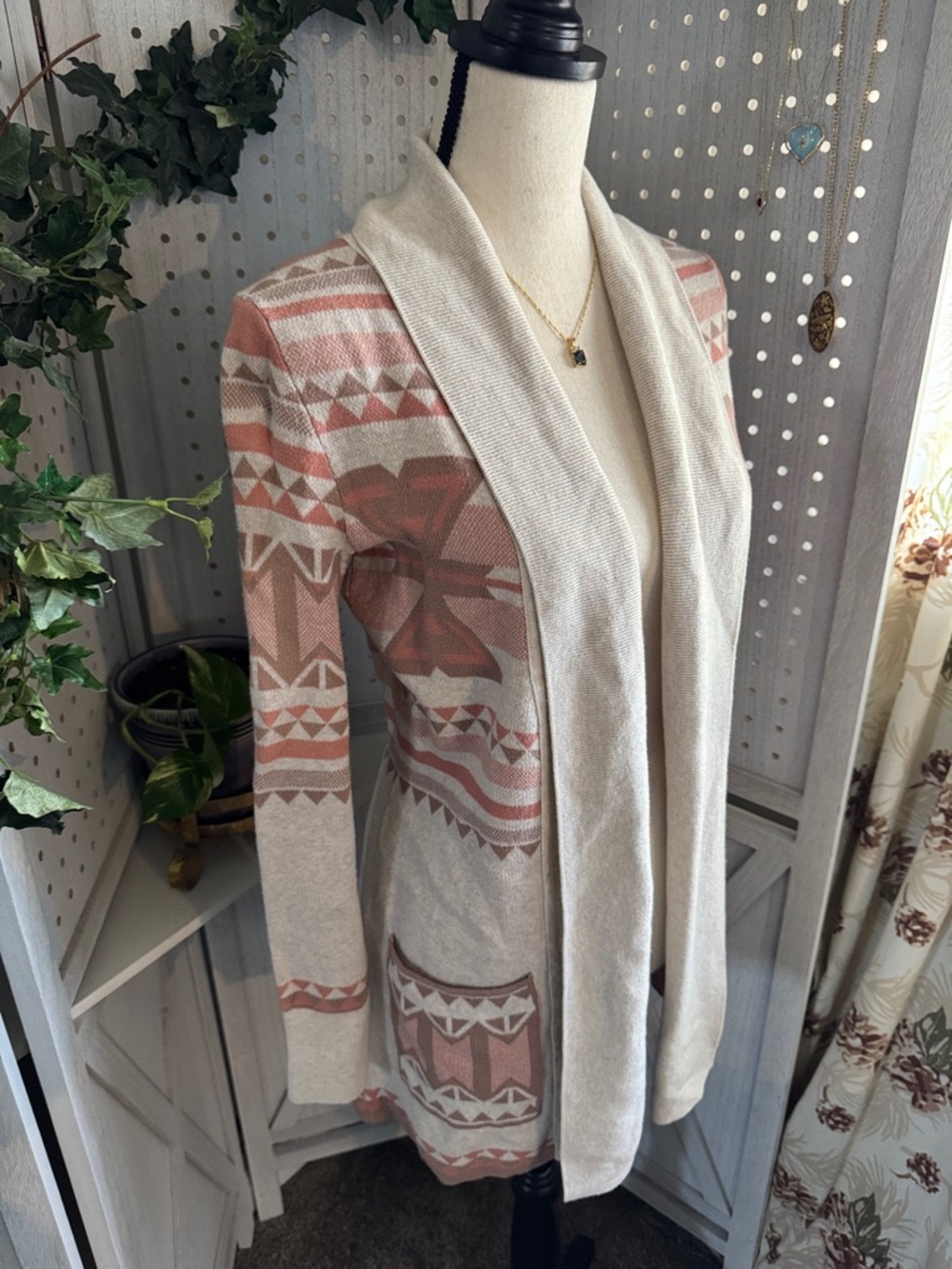 Yes/Lola (Size S) Striped Aztec Open-Front Cardigan Sweater - Cream & Dusty Rose